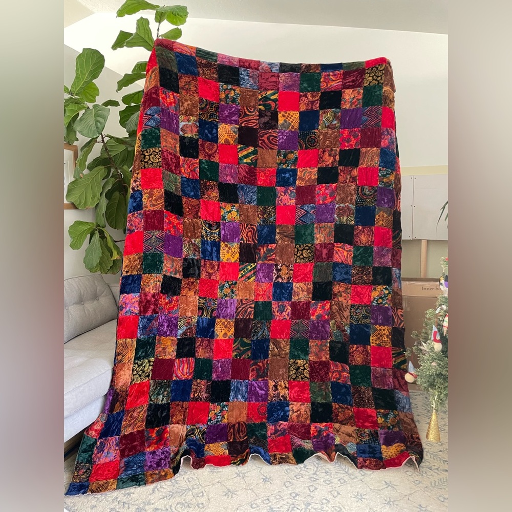 Vintage Boho Retro Velvet Quilt 84x100 Colorful Patchwork